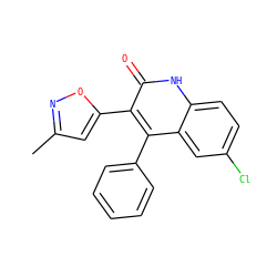 Cc1cc(-c2c(-c3ccccc3)c3cc(Cl)ccc3[nH]c2=O)on1 ZINC000020149013