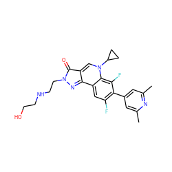 Cc1cc(-c2c(F)cc3c4nn(CCNCCO)c(=O)c-4cn(C4CC4)c3c2F)cc(C)n1 ZINC000027406591