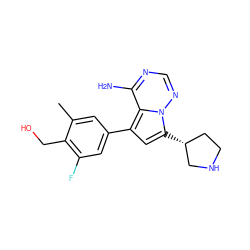 Cc1cc(-c2cc([C@@H]3CCNC3)n3ncnc(N)c23)cc(F)c1CO ZINC000206410653