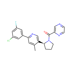 Cc1cc(-c2cc(F)cc(Cl)c2)ncc1[C@@H]1CCCN1C(=O)c1cnccn1 ZINC000072176740