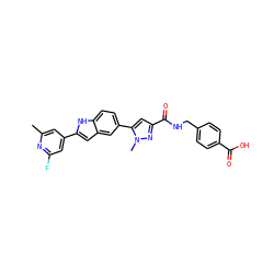 Cc1cc(-c2cc3cc(-c4cc(C(=O)NCc5ccc(C(=O)O)cc5)nn4C)ccc3[nH]2)cc(F)n1 ZINC000115830602