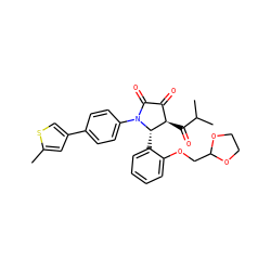 Cc1cc(-c2ccc(N3C(=O)C(=O)[C@@H](C(=O)C(C)C)[C@@H]3c3ccccc3OCC3OCCO3)cc2)cs1 ZINC000169696413