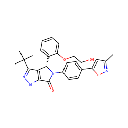Cc1cc(-c2ccc(N3C(=O)c4[nH]nc(C(C)(C)C)c4[C@@H]3c3ccccc3OCCO)cc2)on1 ZINC000096176963