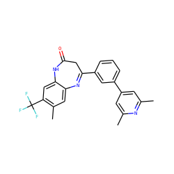 Cc1cc(-c2cccc(C3=Nc4cc(C)c(C(F)(F)F)cc4NC(=O)C3)c2)cc(C)n1 ZINC000101383232