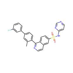 Cc1cc(-c2cccc(F)c2)ccc1-c1nccc2cc(S(=O)(=O)Nc3ccncn3)ccc12 ZINC000215513406