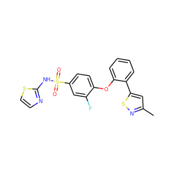 Cc1cc(-c2ccccc2Oc2ccc(S(=O)(=O)Nc3nccs3)cc2F)sn1 ZINC000095584080