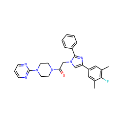 Cc1cc(-c2cn(CC(=O)N3CCN(c4ncccn4)CC3)c(-c3ccccc3)n2)cc(C)c1F ZINC000096284530