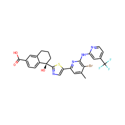 Cc1cc(-c2cnc([C@@]3(O)CCCc4cc(C(=O)O)ccc43)s2)nc(Nc2cc(C(F)(F)F)ccn2)c1Br ZINC000141919945
