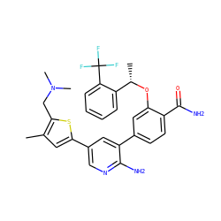 Cc1cc(-c2cnc(N)c(-c3ccc(C(N)=O)c(O[C@@H](C)c4ccccc4C(F)(F)F)c3)c2)sc1CN(C)C ZINC000084654423