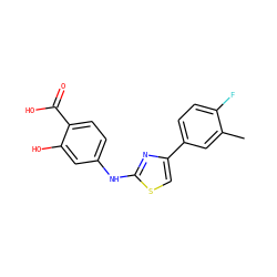 Cc1cc(-c2csc(Nc3ccc(C(=O)O)c(O)c3)n2)ccc1F ZINC000000070745