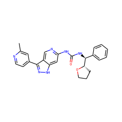 Cc1cc(-c2n[nH]c3cc(NC(=O)N[C@@H](c4ccccc4)[C@@H]4CCCO4)ncc23)ccn1 ZINC000261141035