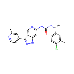 Cc1cc(-c2n[nH]c3cc(NC(=O)N[C@H](C)c4ccc(Cl)c(C)c4)ncc23)ccn1 ZINC000219750871