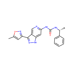 Cc1cc(-c2n[nH]c3cc(NC(=O)N[C@H](C)c4ccccc4)ncc23)no1 ZINC000261184150