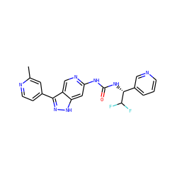 Cc1cc(-c2n[nH]c3cc(NC(=O)N[C@H](c4cccnc4)C(F)F)ncc23)ccn1 ZINC000261171168