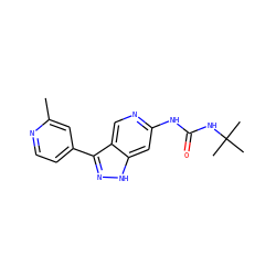 Cc1cc(-c2n[nH]c3cc(NC(=O)NC(C)(C)C)ncc23)ccn1 ZINC000219743682