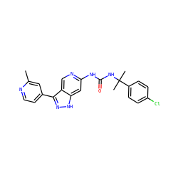 Cc1cc(-c2n[nH]c3cc(NC(=O)NC(C)(C)c4ccc(Cl)cc4)ncc23)ccn1 ZINC000205426845