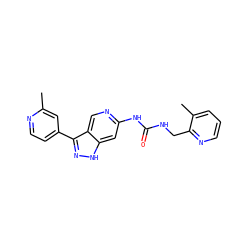 Cc1cc(-c2n[nH]c3cc(NC(=O)NCc4ncccc4C)ncc23)ccn1 ZINC000219752241