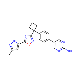 Cc1cc(-c2nc(C3(c4ccc(-c5cnc(N)nc5)cc4)CCC3)no2)[nH]n1 ZINC000149802181