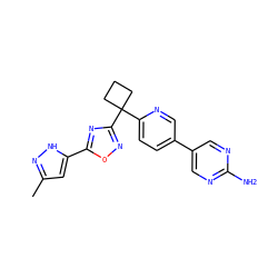 Cc1cc(-c2nc(C3(c4ccc(-c5cnc(N)nc5)cn4)CCC3)no2)[nH]n1 ZINC000114768195