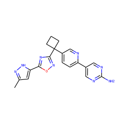 Cc1cc(-c2nc(C3(c4ccc(-c5cnc(N)nc5)nc4)CCC3)no2)[nH]n1 ZINC000114768188