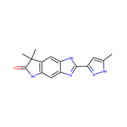 Cc1cc(-c2nc3cc4c(cc3[nH]2)C(C)(C)C(=O)N4)n[nH]1 ZINC000038264989
