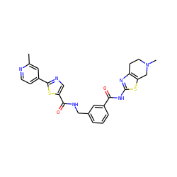 Cc1cc(-c2ncc(C(=O)NCc3cccc(C(=O)Nc4nc5c(s4)CN(C)CC5)c3)s2)ccn1 ZINC000167968073