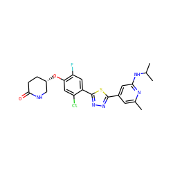 Cc1cc(-c2nnc(-c3cc(F)c(O[C@H]4CCC(=O)NC4)cc3Cl)s2)cc(NC(C)C)n1 ZINC000653774559
