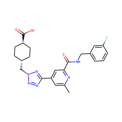 Cc1cc(-c2nnn(C[C@H]3CC[C@H](C(=O)O)CC3)n2)cc(C(=O)NCc2cccc(F)c2)n1 ZINC000253731720