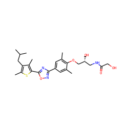 Cc1cc(-c2noc(-c3sc(C)c(CC(C)C)c3C)n2)cc(C)c1OC[C@H](O)CNC(=O)CO ZINC000103257899