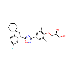 Cc1cc(-c2noc(CCC3(c4ccc(F)cc4)CCCCC3)n2)cc(C)c1OC[C@@H](O)CO ZINC000169705909