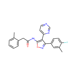 Cc1cc(-c2noc(NC(=O)Cc3ccccc3C)c2-c2ccncn2)ccc1F ZINC000035951162