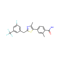 Cc1cc(-c2sc(Cc3cc(F)cc(C(F)(F)F)c3)nc2C)ccc1C(N)=O ZINC000198920479