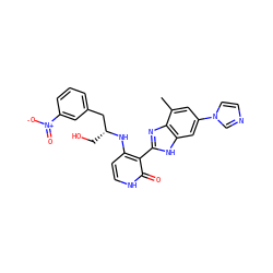 Cc1cc(-n2ccnc2)cc2[nH]c(-c3c(N[C@H](CO)Cc4cccc([N+](=O)[O-])c4)cc[nH]c3=O)nc12 ZINC000028893745