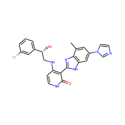 Cc1cc(-n2ccnc2)cc2[nH]c(-c3c(NC[C@@H](O)c4cccc(Cl)c4)cc[nH]c3=O)nc12 ZINC000028523847
