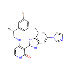 Cc1cc(-n2ccnc2)cc2[nH]c(-c3c(NC[C@H](C)c4cccc(Br)c4)cc[nH]c3=O)nc12 ZINC000028703584