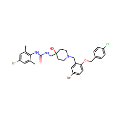 Cc1cc(Br)cc(C)c1NC(=O)NCC1(O)CCN(Cc2cc(Br)ccc2OCc2ccc(Cl)cc2)CC1 ZINC000028822138