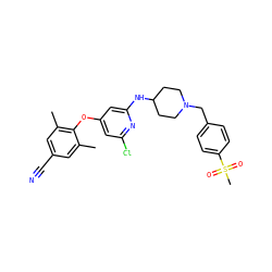 Cc1cc(C#N)cc(C)c1Oc1cc(Cl)nc(NC2CCN(Cc3ccc(S(C)(=O)=O)cc3)CC2)c1 ZINC001772596338
