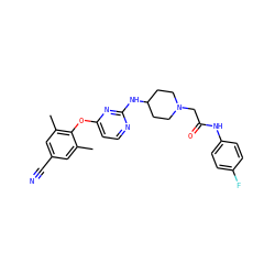 Cc1cc(C#N)cc(C)c1Oc1ccnc(NC2CCN(CC(=O)Nc3ccc(F)cc3)CC2)n1 ZINC000299852930