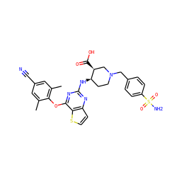 Cc1cc(C#N)cc(C)c1Oc1nc(N[C@@H]2CCN(Cc3ccc(S(N)(=O)=O)cc3)C[C@@H]2C(=O)O)nc2ccsc12 ZINC001772651612