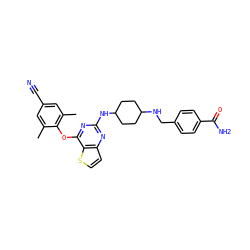 Cc1cc(C#N)cc(C)c1Oc1nc(NC2CCC(NCc3ccc(C(N)=O)cc3)CC2)nc2ccsc12 ZINC001772619963