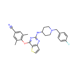 Cc1cc(C#N)cc(C)c1Oc1nc(NC2CCN(Cc3ccc(F)cc3)CC2)nc2ccsc12 ZINC001772580069