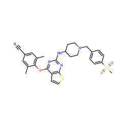 Cc1cc(C#N)cc(C)c1Oc1nc(NC2CCN(Cc3ccc(S(C)(=O)=O)cc3)CC2)nc2sccc12 ZINC001772605417
