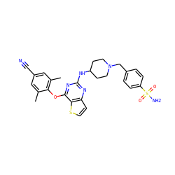 Cc1cc(C#N)cc(C)c1Oc1nc(NC2CCN(Cc3ccc(S(N)(=O)=O)cc3)CC2)nc2ccsc12 ZINC001772603592