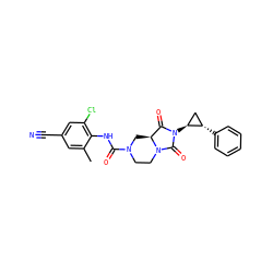 Cc1cc(C#N)cc(Cl)c1NC(=O)N1CCN2C(=O)N([C@H]3C[C@@H]3c3ccccc3)C(=O)[C@@H]2C1 ZINC000072176713