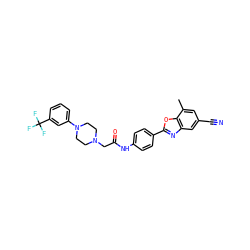 Cc1cc(C#N)cc2nc(-c3ccc(NC(=O)CN4CCN(c5cccc(C(F)(F)F)c5)CC4)cc3)oc12 ZINC000066112105