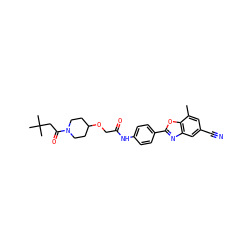 Cc1cc(C#N)cc2nc(-c3ccc(NC(=O)COC4CCN(C(=O)CC(C)(C)C)CC4)cc3)oc12 ZINC000066260127