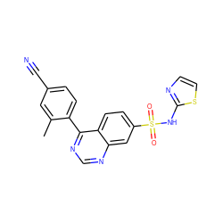 Cc1cc(C#N)ccc1-c1ncnc2cc(S(=O)(=O)Nc3nccs3)ccc12 ZINC000225132411