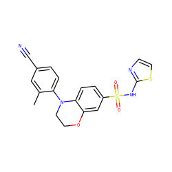 Cc1cc(C#N)ccc1N1CCOc2cc(S(=O)(=O)Nc3nccs3)ccc21 ZINC000220235001