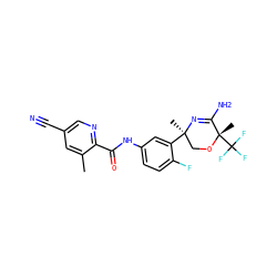 Cc1cc(C#N)cnc1C(=O)Nc1ccc(F)c([C@]2(C)CO[C@@](C)(C(F)(F)F)C(N)=N2)c1 ZINC000113655524