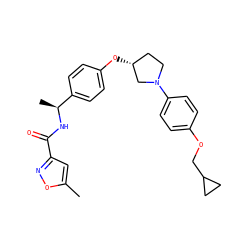 Cc1cc(C(=O)N[C@@H](C)c2ccc(O[C@@H]3CCN(c4ccc(OCC5CC5)cc4)C3)cc2)no1 ZINC001772620506